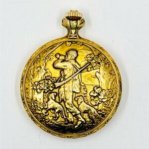 Vintage ETON Pocket Watch Gold Tone W/Hunting & Dogs Scene